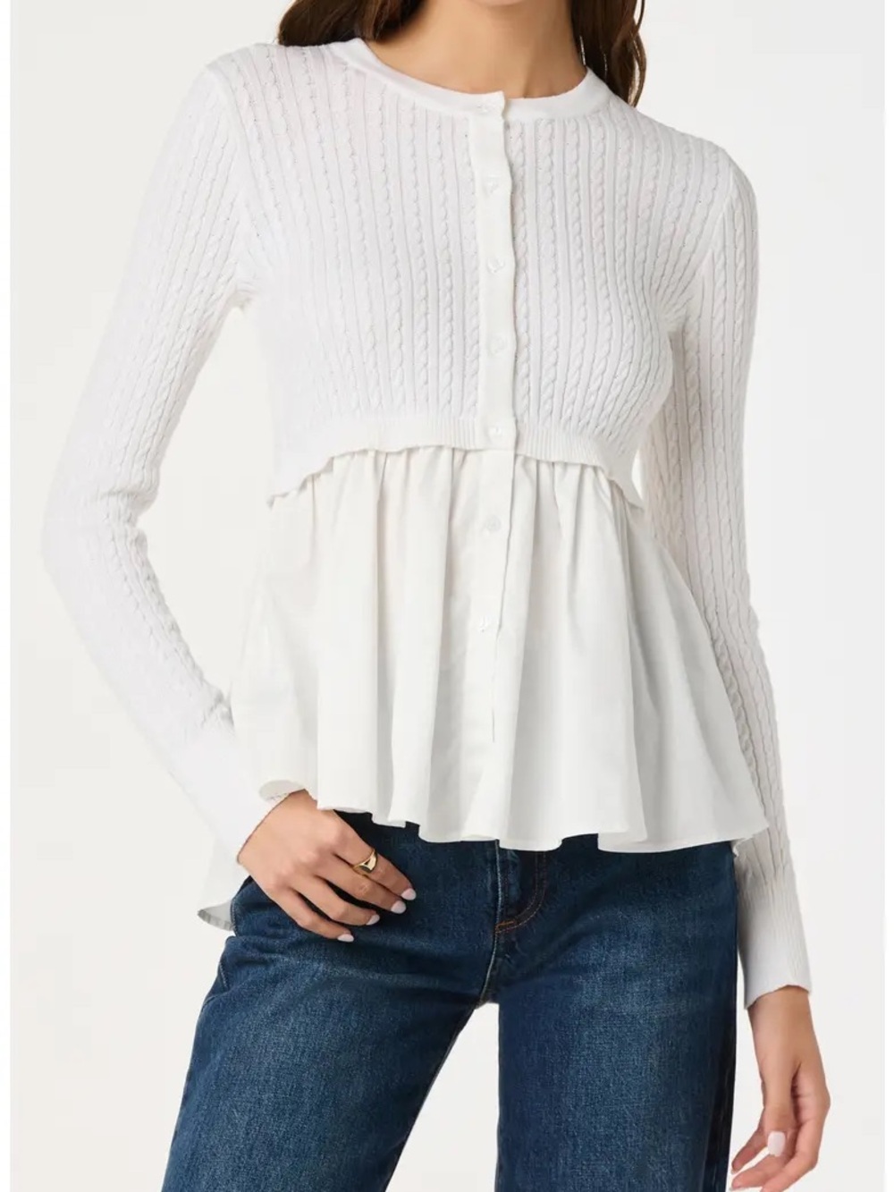 Astr White Peplum Button-Front Knit Blouse